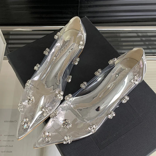 Eilyken Spring Crystal PVC Transparent Women Pumps Fashion Pointed Toe Square Low Heels Sandals Elegant Ladies Shoes