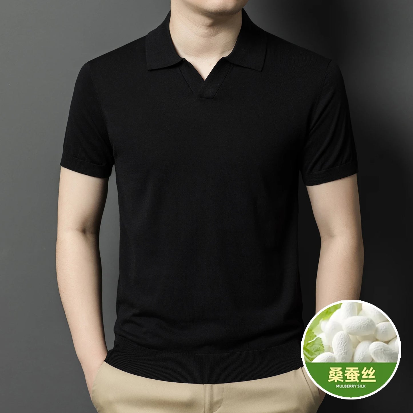 Men's Mulberry Silk Knit Polos 2024 Summer Classic Turn Down Color Lyocell Cotton Knitwear Short Sleeve Thin Knit Tee Shirts