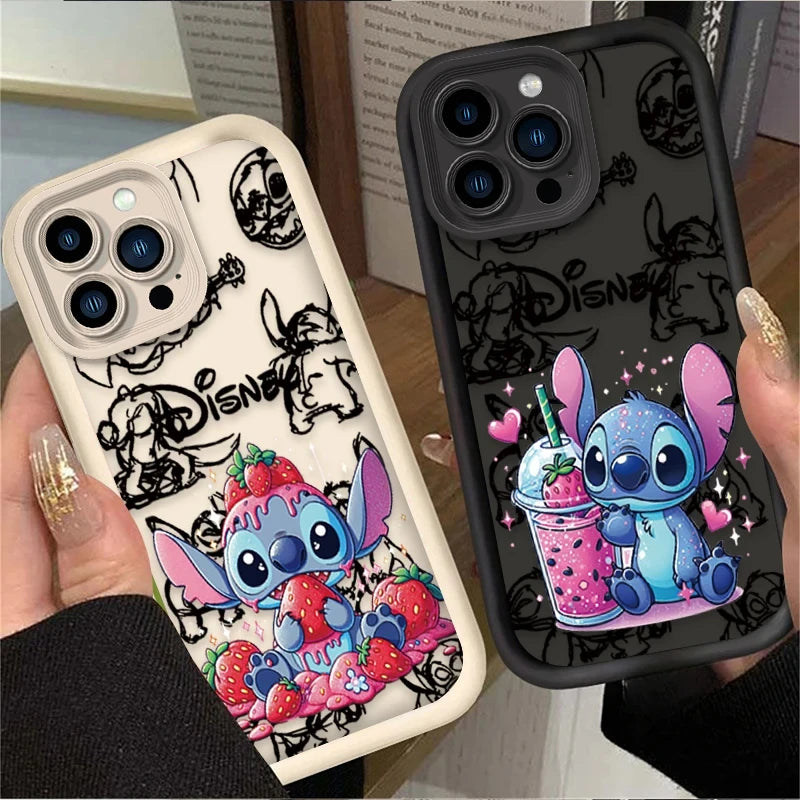 Disney Stitch Strawberry Cute Phone Case For iPhone 16 15 14 13 12 11 Pro Max X XS Max XR 12 13 Mini 8Plus Shockproof Soft Cover