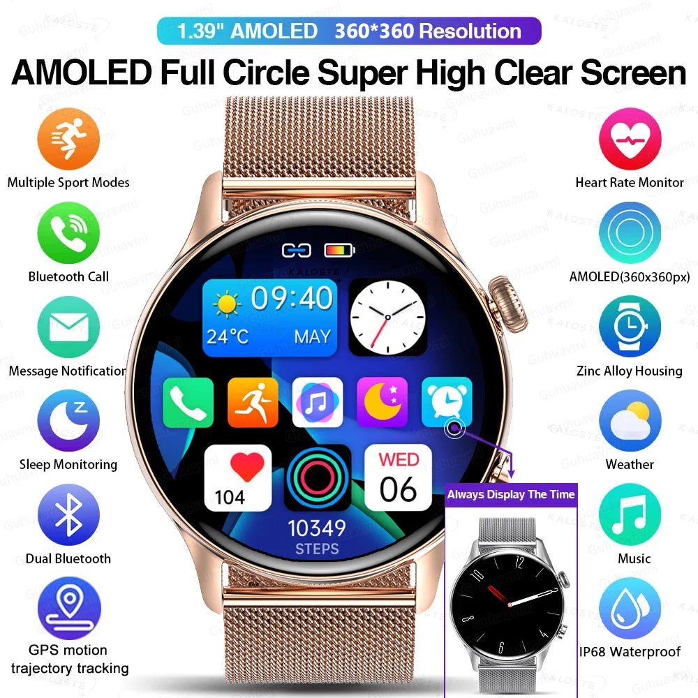 2025 New Smartwatch Women AMOLED HD Screen Always On Display Bluetooth Call IP68 Waterproof GPS Smart Men Watch For Android ios