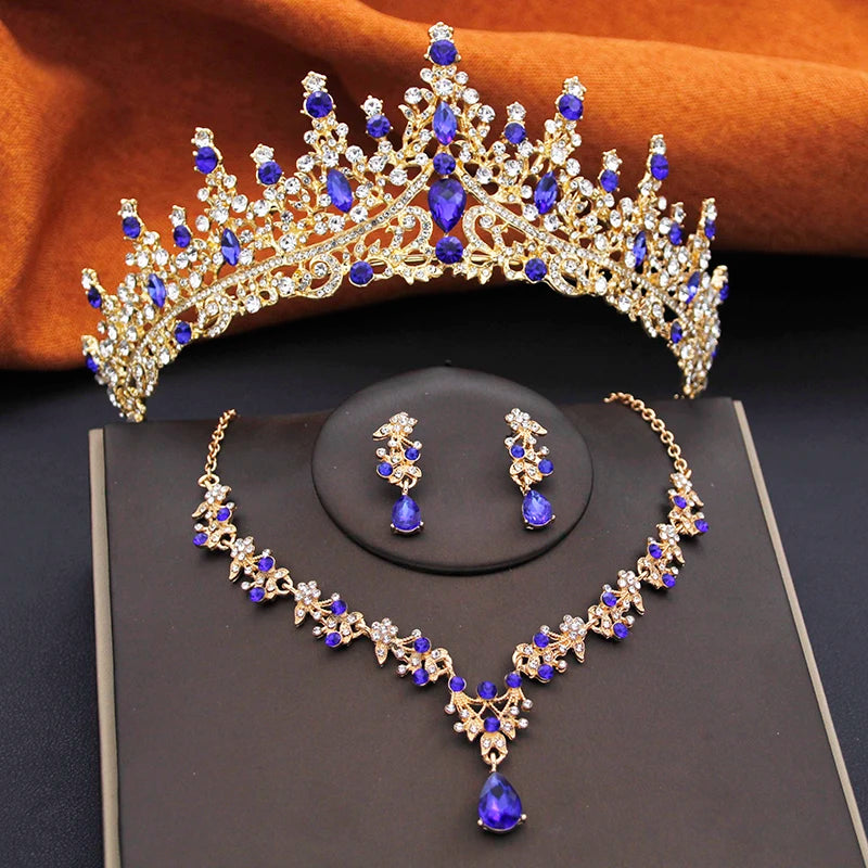 Elegant Bride Tiaras and Necklace Earrings Set Girls 3 pcs Party Birthday Bridal Sets Wedding Crown Jewelry Costume Accessories