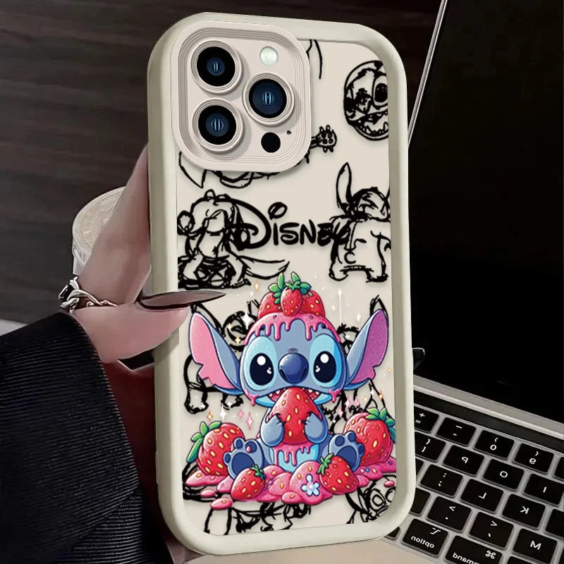 Disney Stitch Strawberry Cute Phone Case For iPhone 16 15 14 13 12 11 Pro Max X XS Max XR 12 13 Mini 8Plus Shockproof Soft Cover