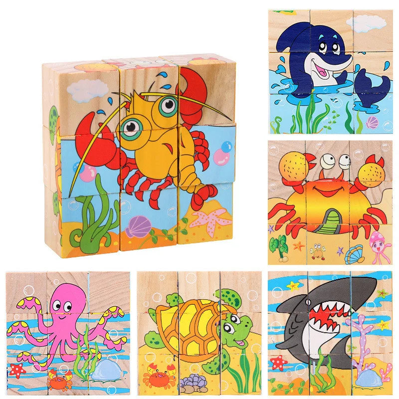 Baby Toys Wooden Blocks Six Side Cube Jigsaw Puzzles Game Animal Fruit Traffic Cognition Puzzle Montessori Educational Toys