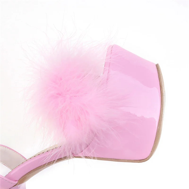 Gladiator Sandals Women Summer Platform High Heels Wedding Party Shoes Sexy Pink Red Blue Feather Dance Shoes Female Large Size