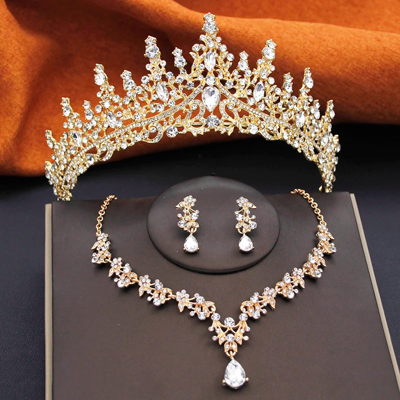 Elegant Bride Tiaras and Necklace Earrings Set Girls 3 pcs Party Birthday Bridal Sets Wedding Crown Jewelry Costume Accessories