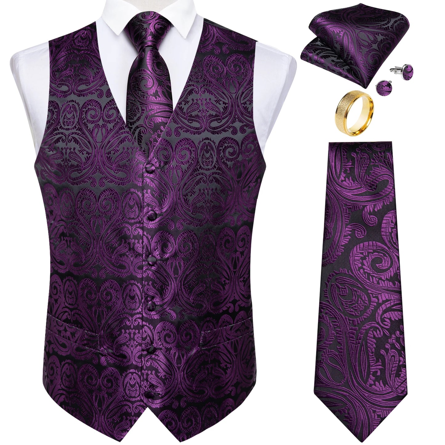 Fashion Green Paisley Vest for Man Business Festival Dress Fit Men's Waistcoat Luxury Silk Necktie Pocket Square Cufflinks Ring