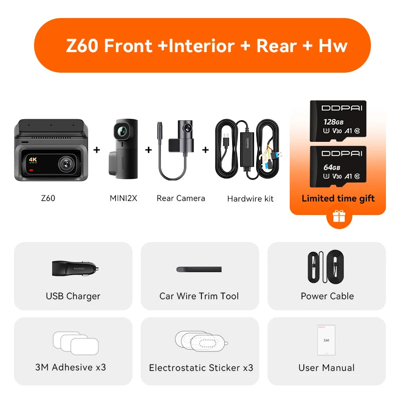 DDPAI Dash Cam Z60 3CH Support Rear and Interior Dash Cam With GPS 5GHz WiFi ADAS NightVISion Dash Camera 24H Parking Monitor