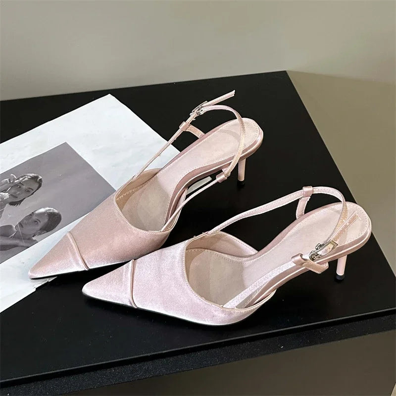 Eilyken High Quality Satin Buckle Strap Women Pumps Sandals Fashion Shallow Thin Heels Pointed Toe Slingback Mules Shoes