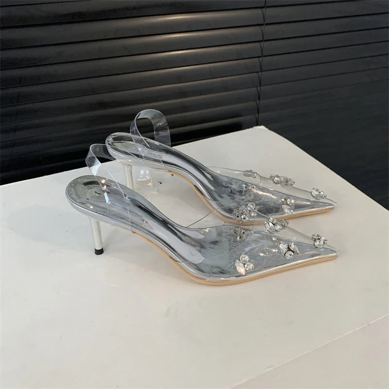 Aneikeh PVC Summer Jelly Shoes Woman Bling Pointed Toe Rome Shallow String Bead Pumps Women Sandals Party Fashion Sweet lip-On