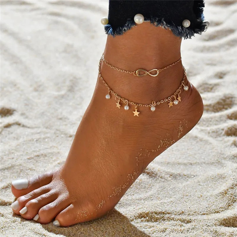 Boho Gold Silver Color Tassel Chain Bracelet Anklet Charms Snake/Starfish/Heart Sexy Leg Ankle On Foot Chain Beach Jewelry
