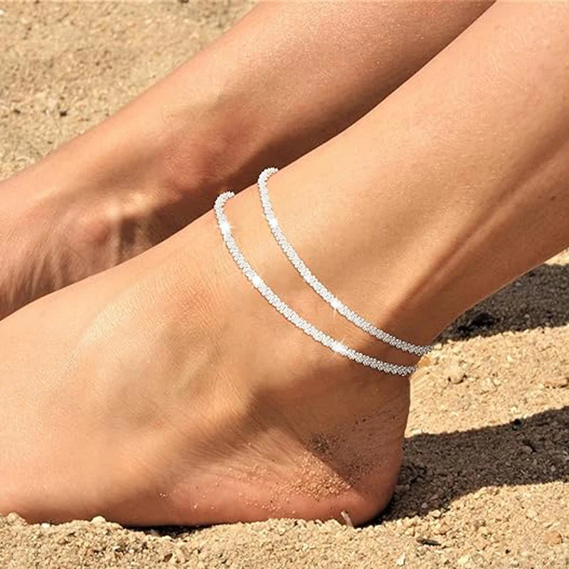 Sterling Silver Ankle Bracelets for Women Dainty Adjustable Layered Anklet Set Stackable Cuban Link Anklets Beach Jewelry