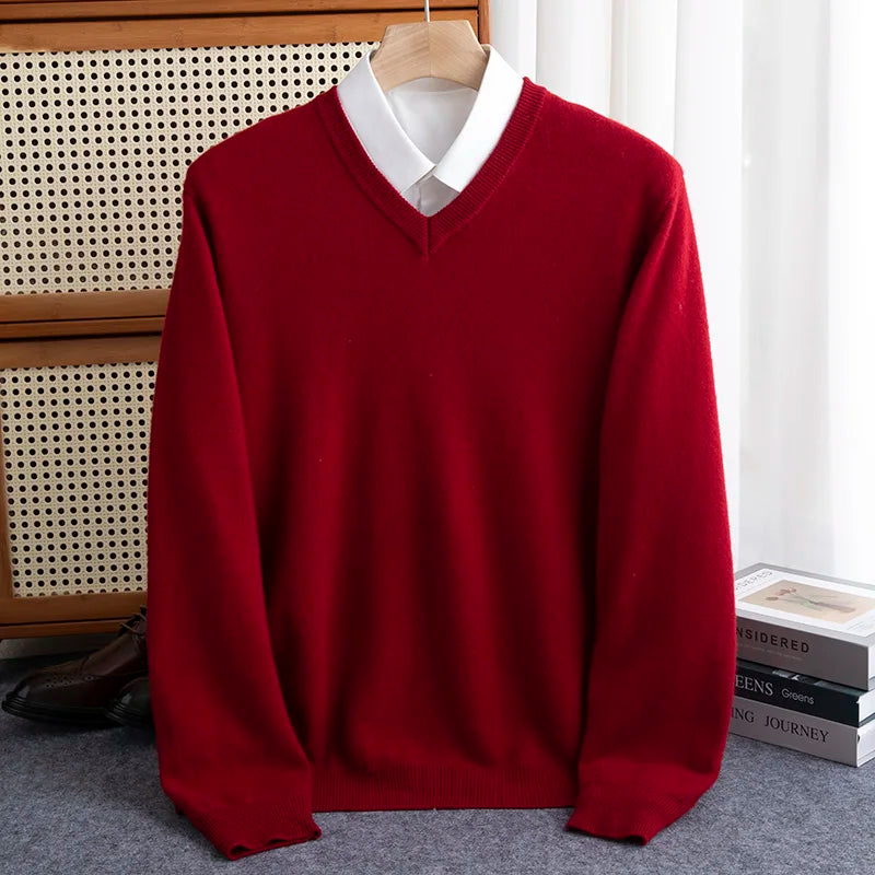 First-line of clothing Men 100% Merino Wool Sweater Spring Autumn V- Collar Pullovers Sweater Long Sleeve Soft Knit Basic Tops