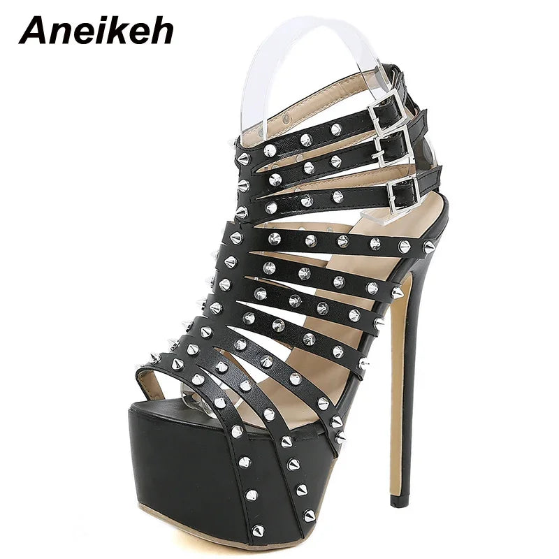 Aneikeh Summer Gladiator Rivet Women High Sandals Sexy Stripper 17.5CM Thin Heels Shoes Platform Fashion Narrow Band Pumps