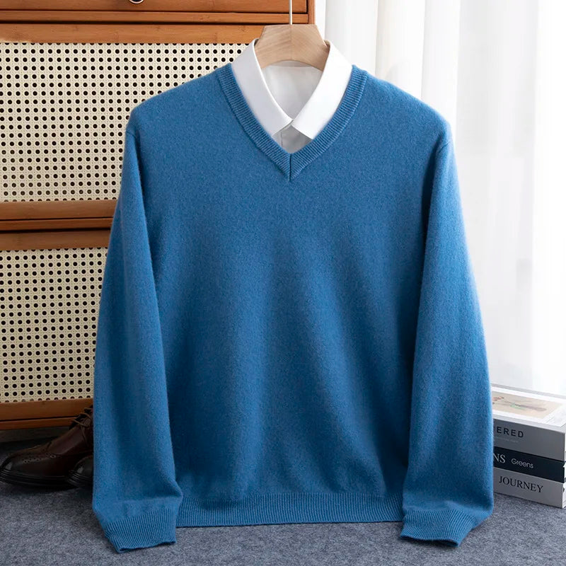 First-line of clothing Men 100% Merino Wool Sweater Spring Autumn V- Collar Pullovers Sweater Long Sleeve Soft Knit Basic Tops