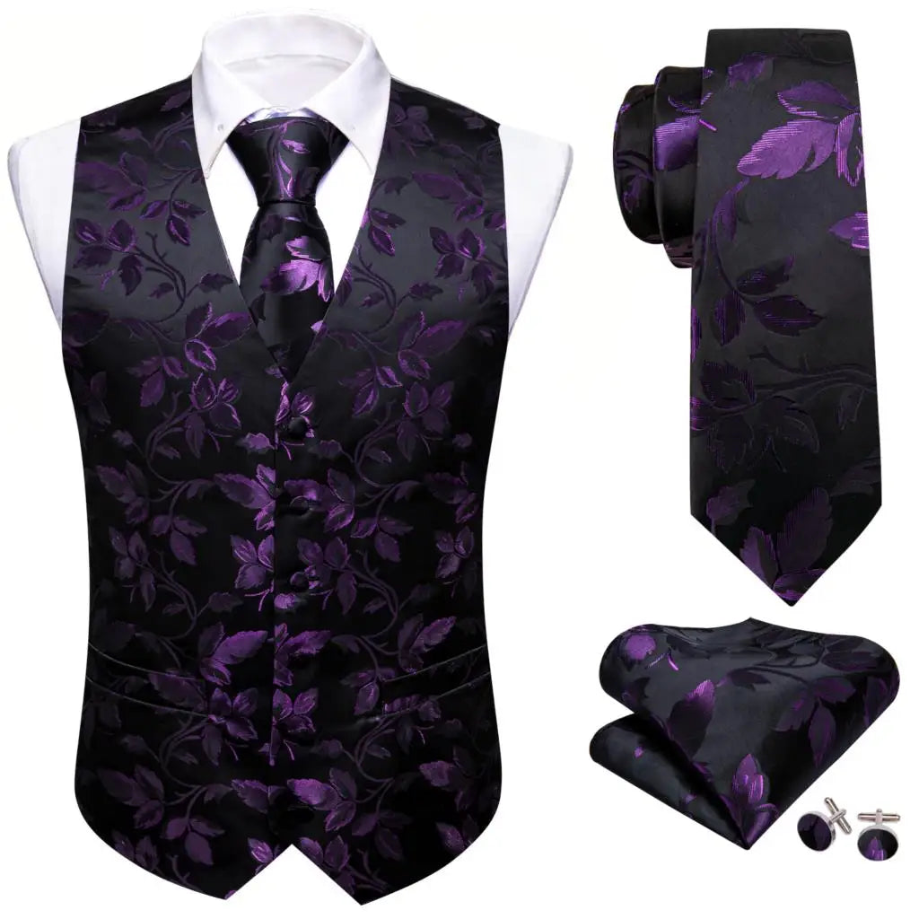 Elegant Silk Vest for Men Red Black Leaves Slim Fit Waistcoat Tie Hanky Cufflinks Set Wedding Business Formal Party Barry Wang