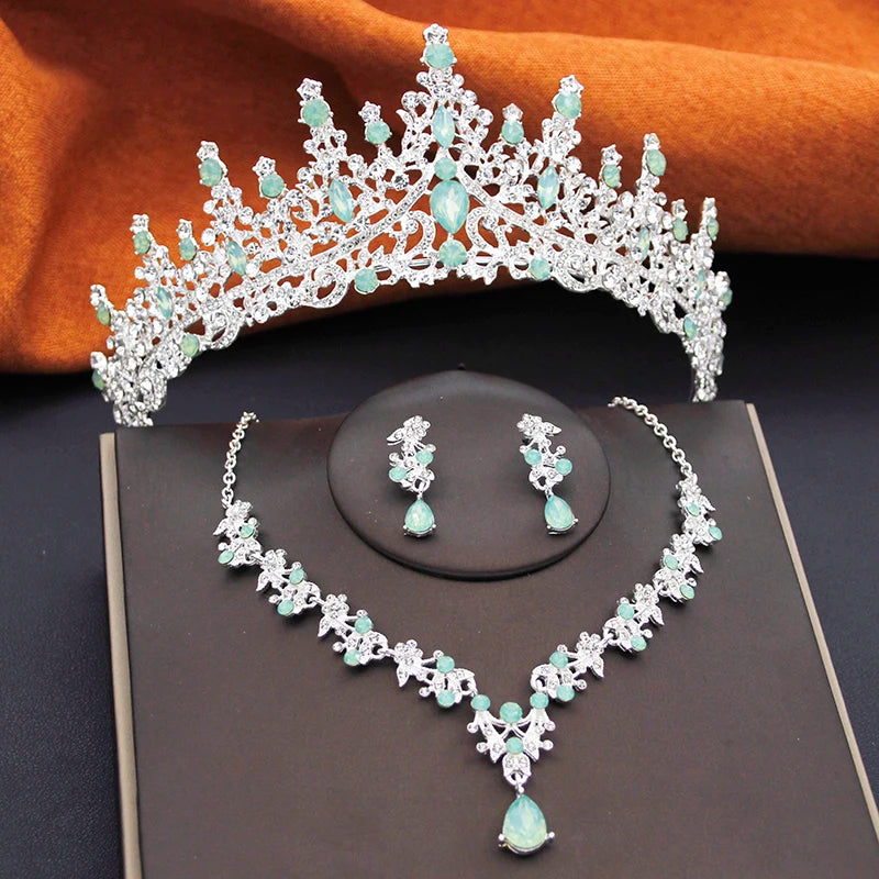 Elegant Bride Tiaras and Necklace Earrings Set Girls 3 pcs Party Birthday Bridal Sets Wedding Crown Jewelry Costume Accessories
