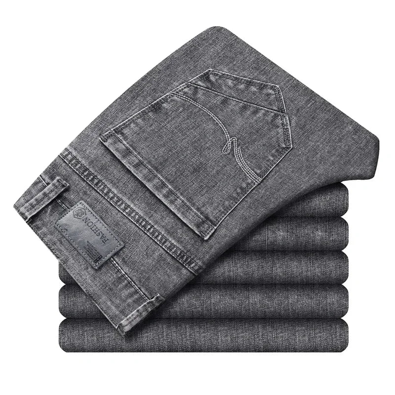 2024 Business Casual Men's Thin Denim Jeans Cotton Stretch Jeans Grey Spring Summer Brand New Fit Straight Lightweight