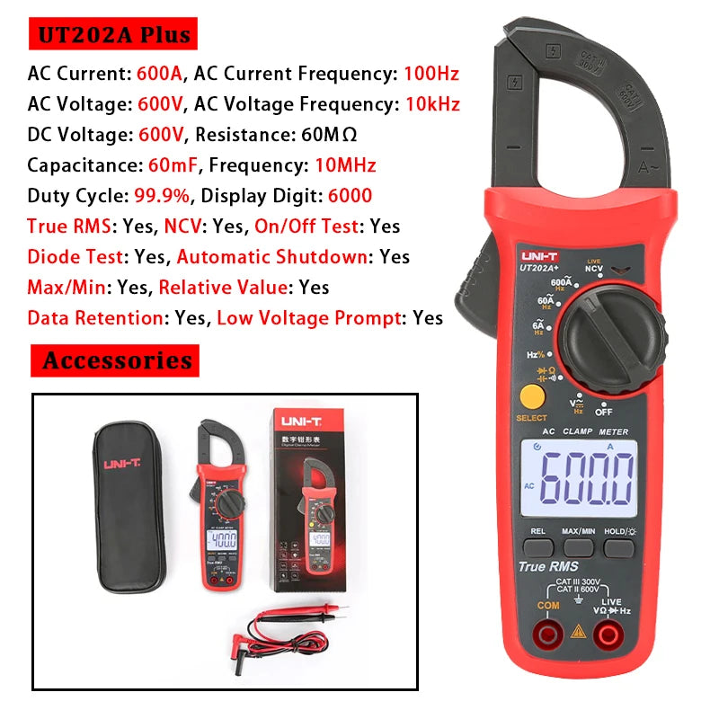 UNI-T UT210E UT202A UT204 Plus Clamp Meter AC/DC Digital Voltmeter Ammeter Pliers Multimeter Professional Electrical Multitester