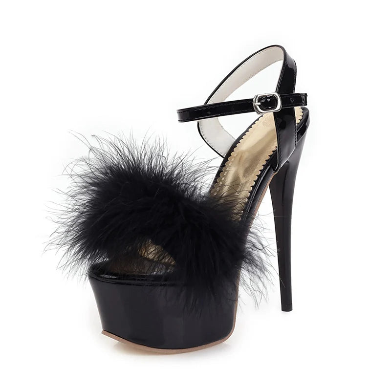 Gladiator Sandals Women Summer Platform High Heels Wedding Party Shoes Sexy Pink Red Blue Feather Dance Shoes Female Large Size