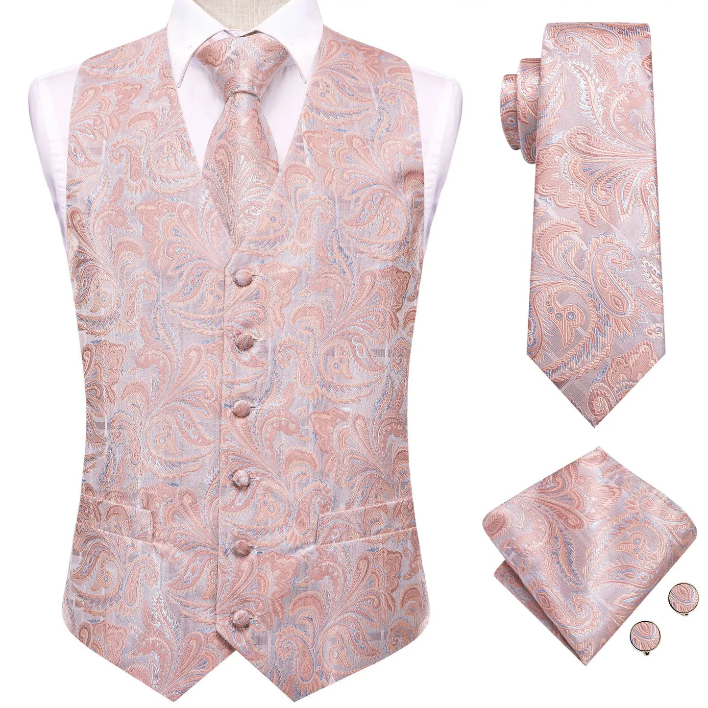 Hi-Tie Wedding Coral Pink Mens Vest Silk Tie Set Adjustable Jacquard Waistcoat Jacket Necktie Hanky Cufflinks Formal Party Gifts