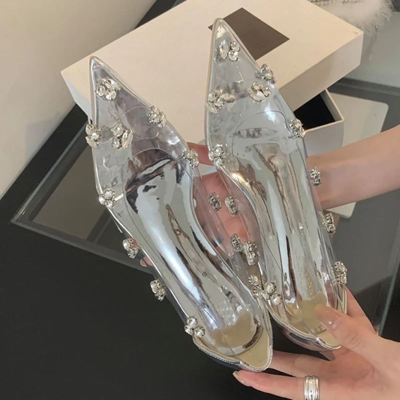 Eilyken Spring Crystal PVC Transparent Women Pumps Fashion Pointed Toe Square Low Heels Sandals Elegant Ladies Shoes