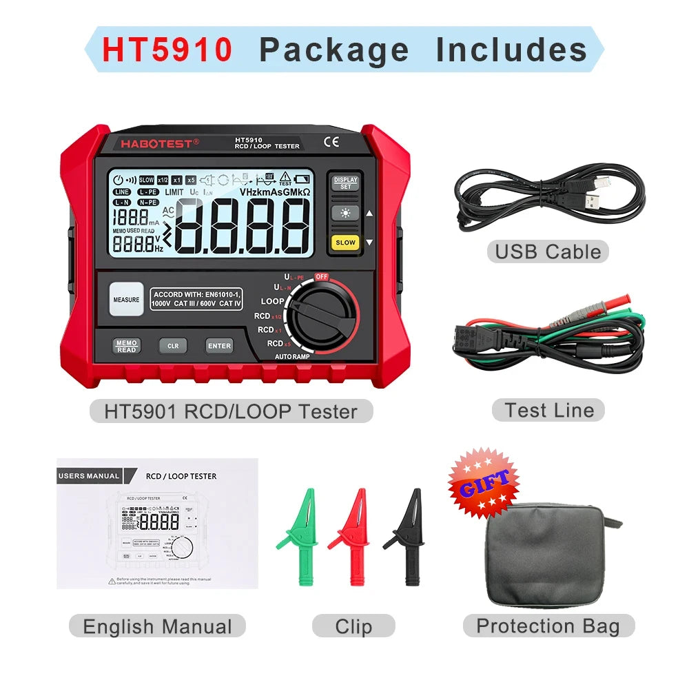 HABOTEST HT5910 Leakage Switch Tester LCD Digital Resistance Meter RCD/Loop Tester 1000 Data Storage Voltmeter Megohmmeter