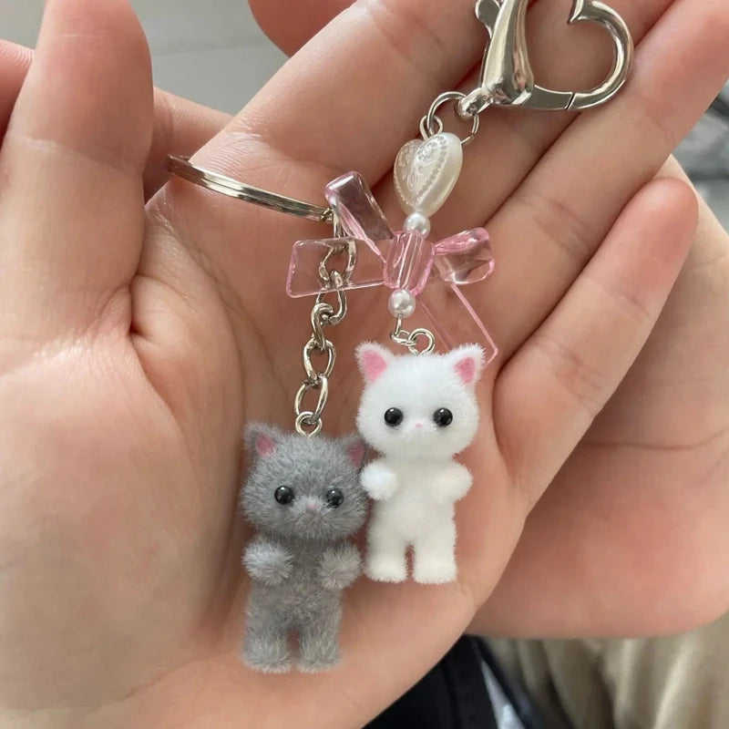 Cute Fuzzy Kitty Cat Heart Bow Keychain, Kitten, Kawaii, Pink Bow, Pearl Heart