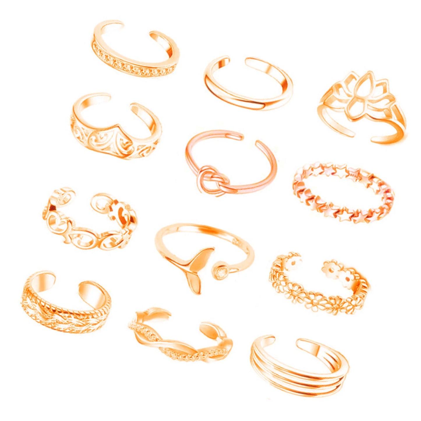 12Pcs Foot Ring Open Toe Rings Rose Gold/Silver/Gold Color Alloy Adjustable Rings Set for Women Summer Beach Foot Jewelry