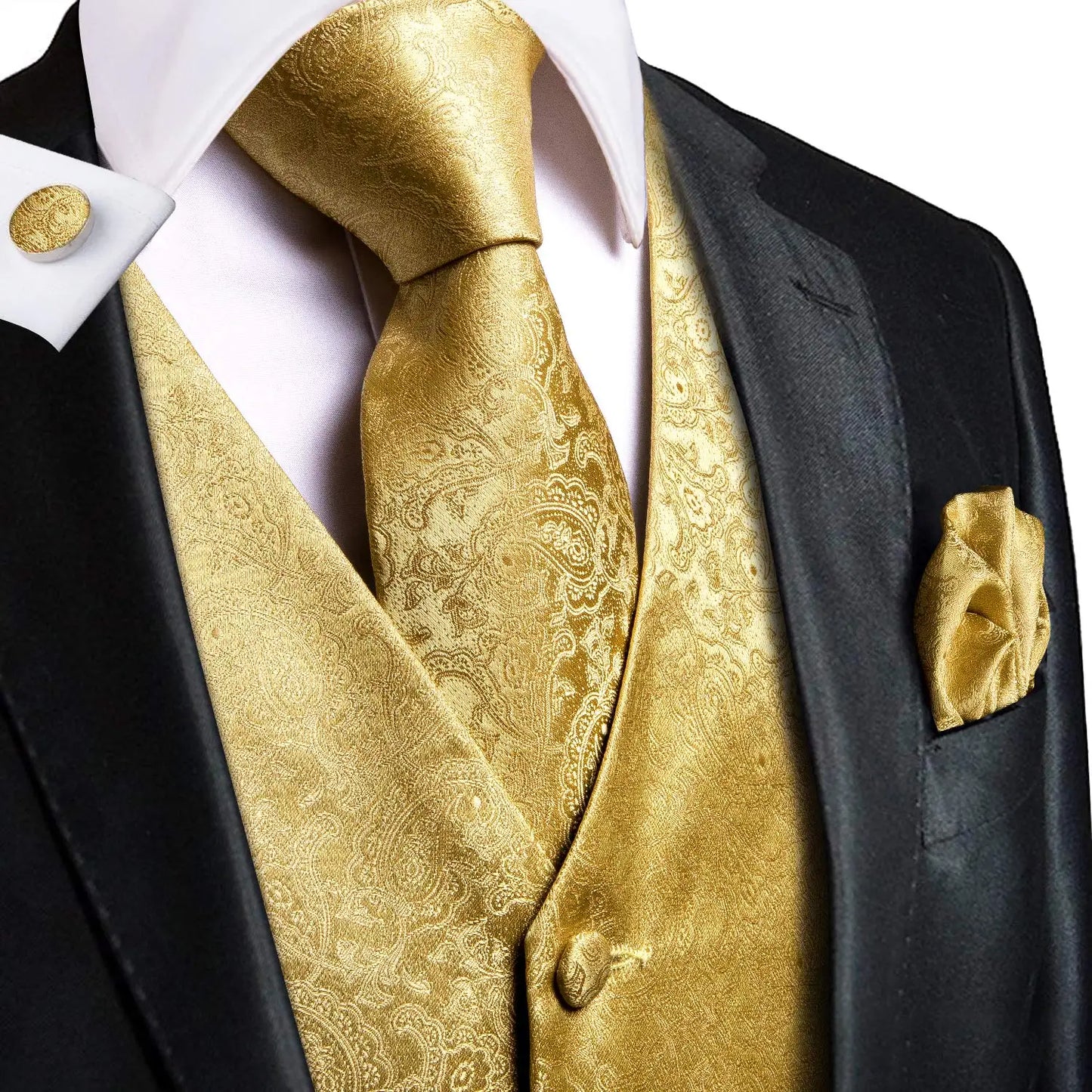 Hi-Tie Silk Ivory Beige Champagne Gold Mens Vests Tie Hankerchief Cufflinks Set Jacquard Vine Waistcoat for Men Suit Dress