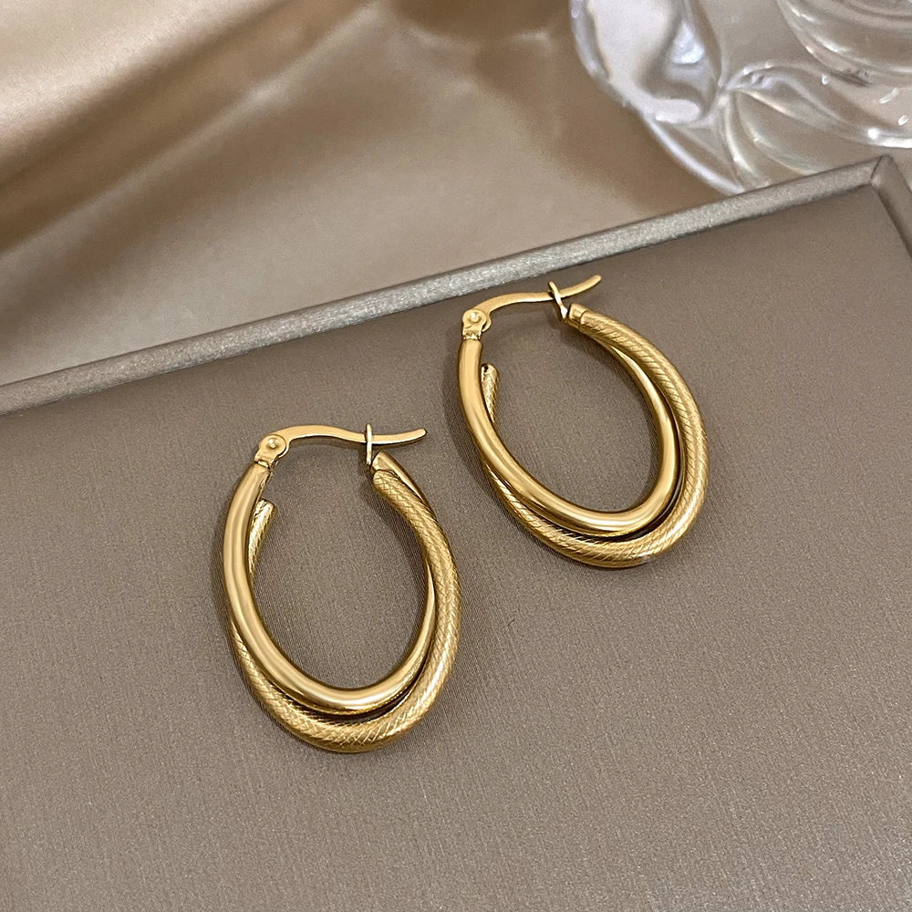 Stainless Steel U-shaped Texture Earrings Women Classic Fashion Minimalist Hoop Earrings Waterproof Daily Jewelry Accessories
