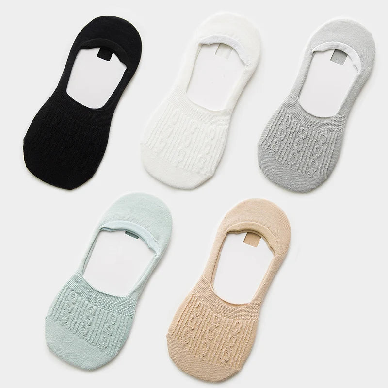 5 Pairs Women Cotton Low Cut Socks Solid Snowflake Softable Summer Silicone Non-slip Deep Mouth Prevent Heel Loss Slipper Socks