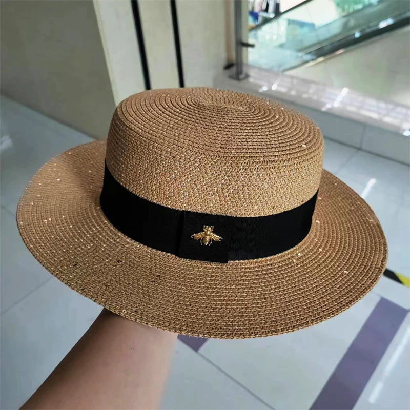 Ladies Sun Fedora Hats Small Bee Shiny Straw Hat European American Retro Gold Braided Female Sunshade Flat Sequins Hat