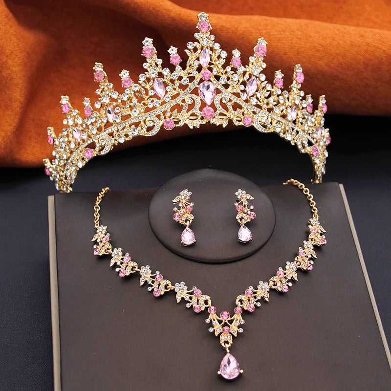 Elegant Bride Tiaras and Necklace Earrings Set Girls 3 pcs Party Birthday Bridal Sets Wedding Crown Jewelry Costume Accessories