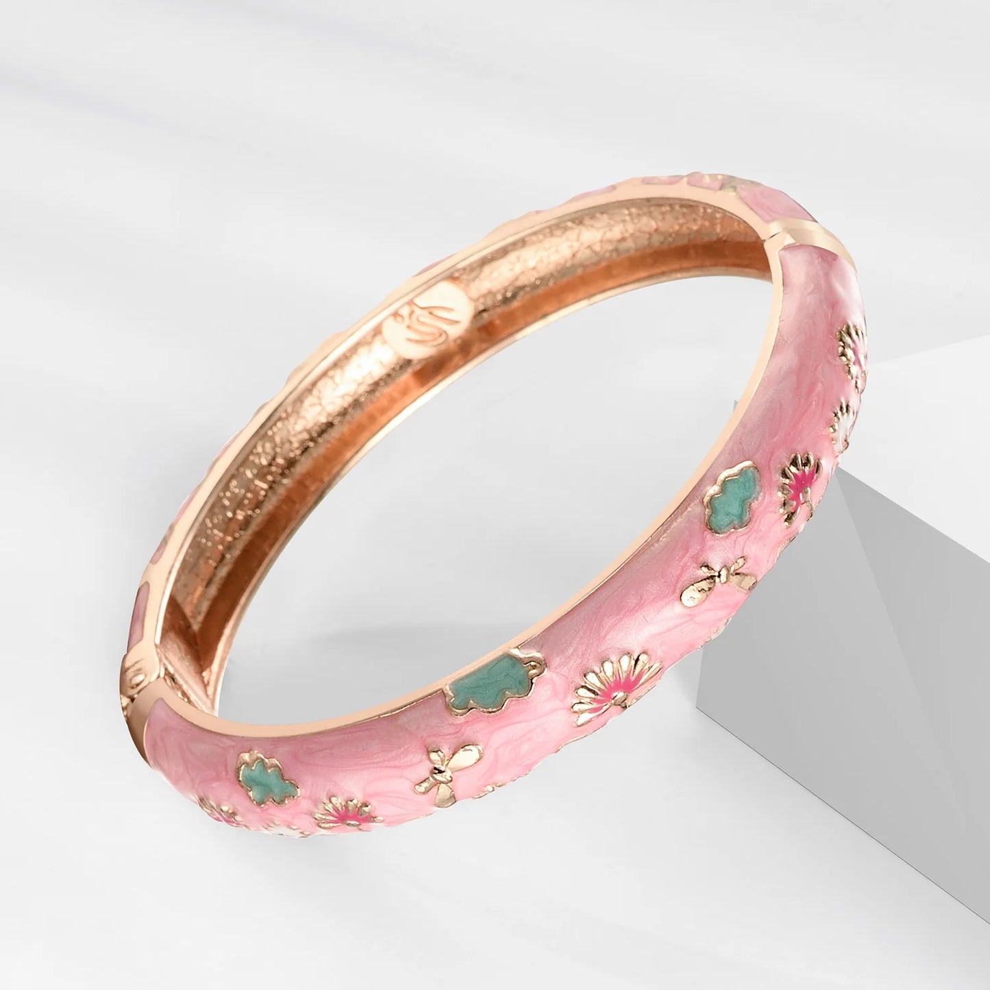Women's Bracelets Set Bangle On Hand Hinge Enamel Cloisonne Bangles For Women Pink Vintage Birthday Gift For Mother