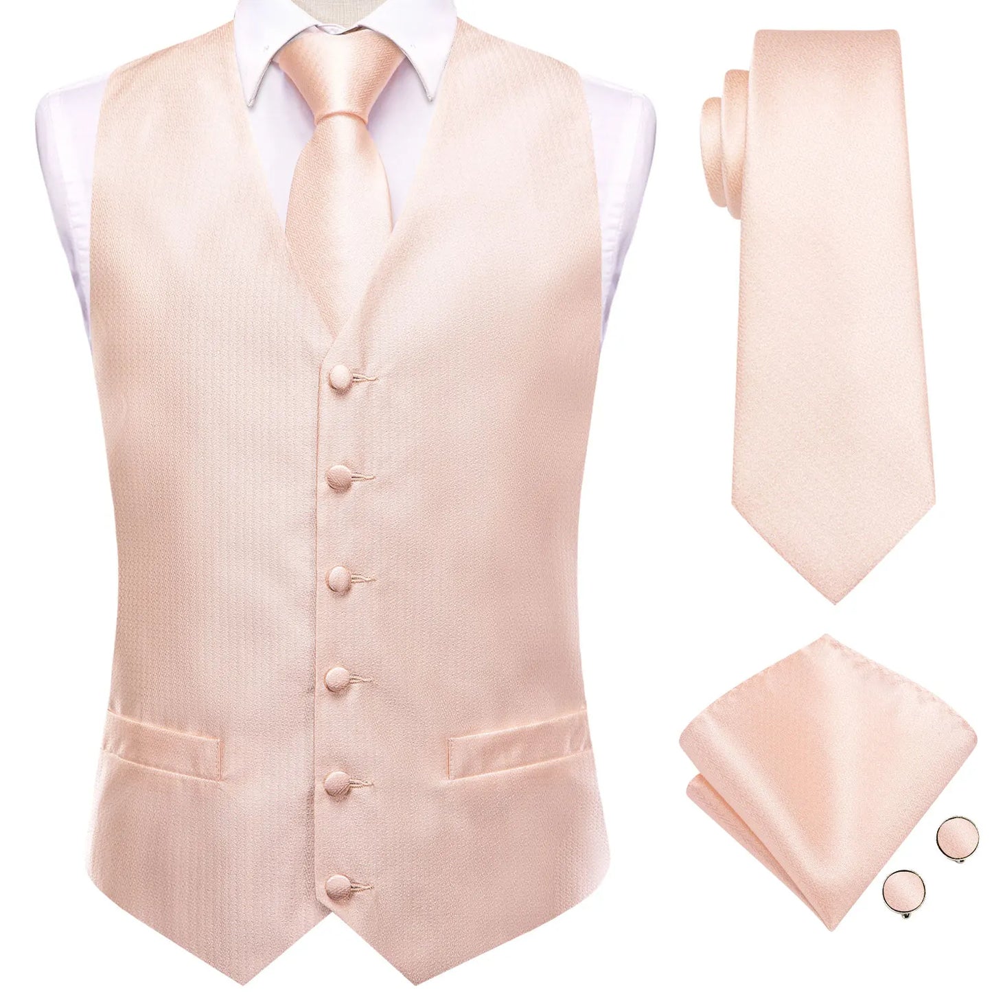 Hi-Tie Wedding Coral Pink Mens Vest Silk Tie Set Adjustable Jacquard Waistcoat Jacket Necktie Hanky Cufflinks Formal Party Gifts