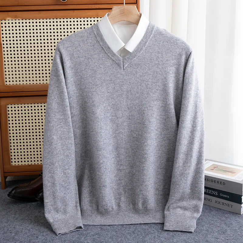 First-line of clothing Men 100% Merino Wool Sweater Spring Autumn V- Collar Pullovers Sweater Long Sleeve Soft Knit Basic Tops
