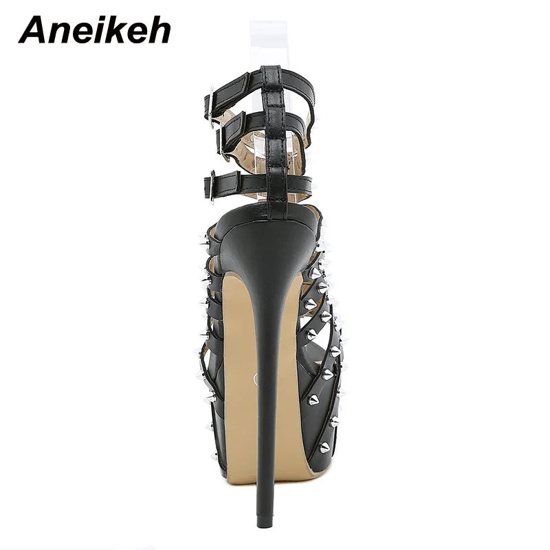 Aneikeh Summer Gladiator Rivet Women High Sandals Sexy Stripper 17.5CM Thin Heels Shoes Platform Fashion Narrow Band Pumps
