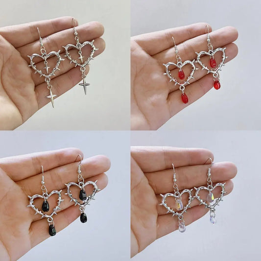 Punk Gothic Heart Earrings For Women Fashion Korean Jewelry Gifts Accessories Star Thorn Heart Colored Crystal Pendant Ear Hooks