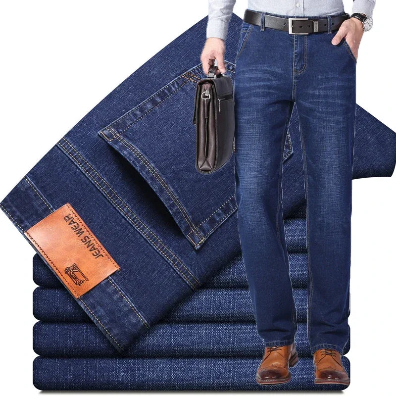 2024 Business Casual Men's Thin Denim Jeans Cotton Stretch Jeans Grey Spring Summer Brand New Fit Straight Lightweight