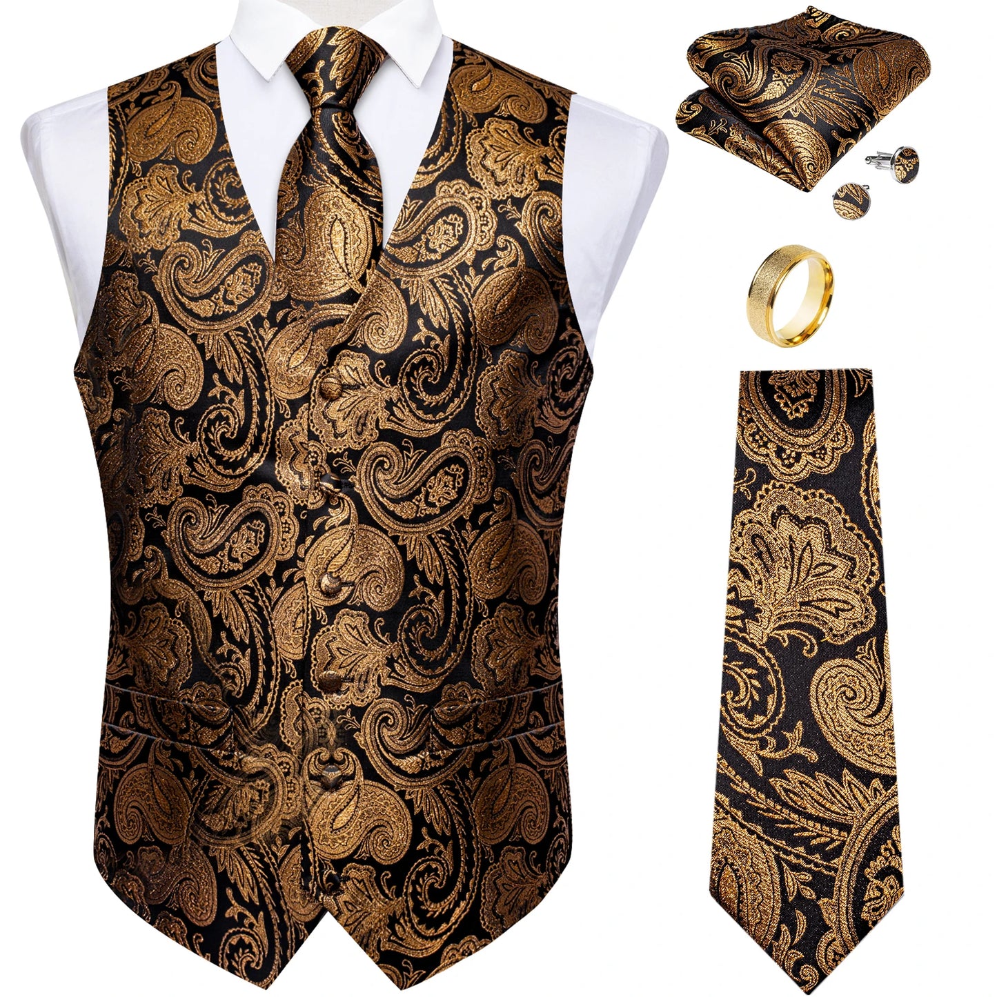 Fashion Green Paisley Vest for Man Business Festival Dress Fit Men's Waistcoat Luxury Silk Necktie Pocket Square Cufflinks Ring