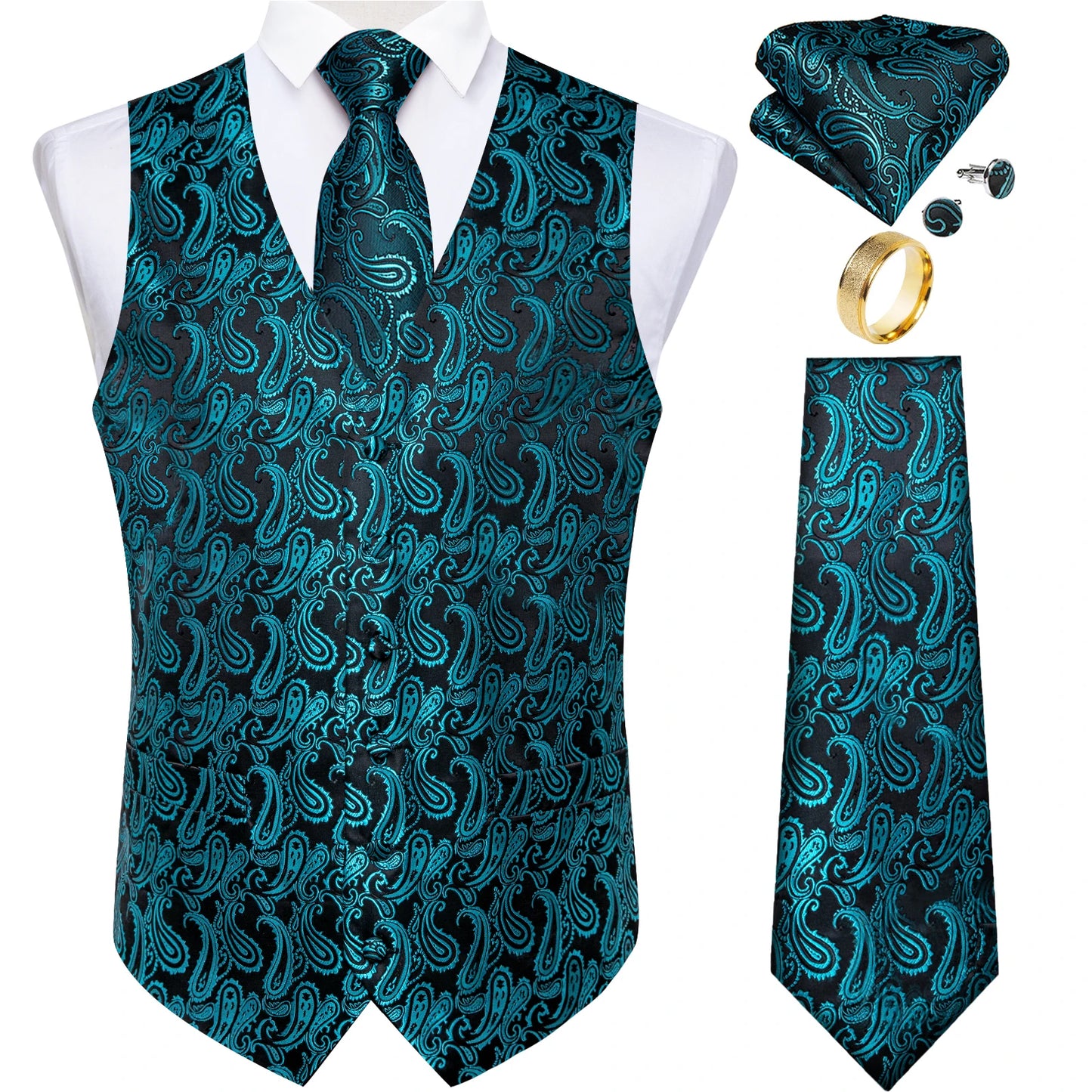 Fashion Green Paisley Vest for Man Business Festival Dress Fit Men's Waistcoat Luxury Silk Necktie Pocket Square Cufflinks Ring