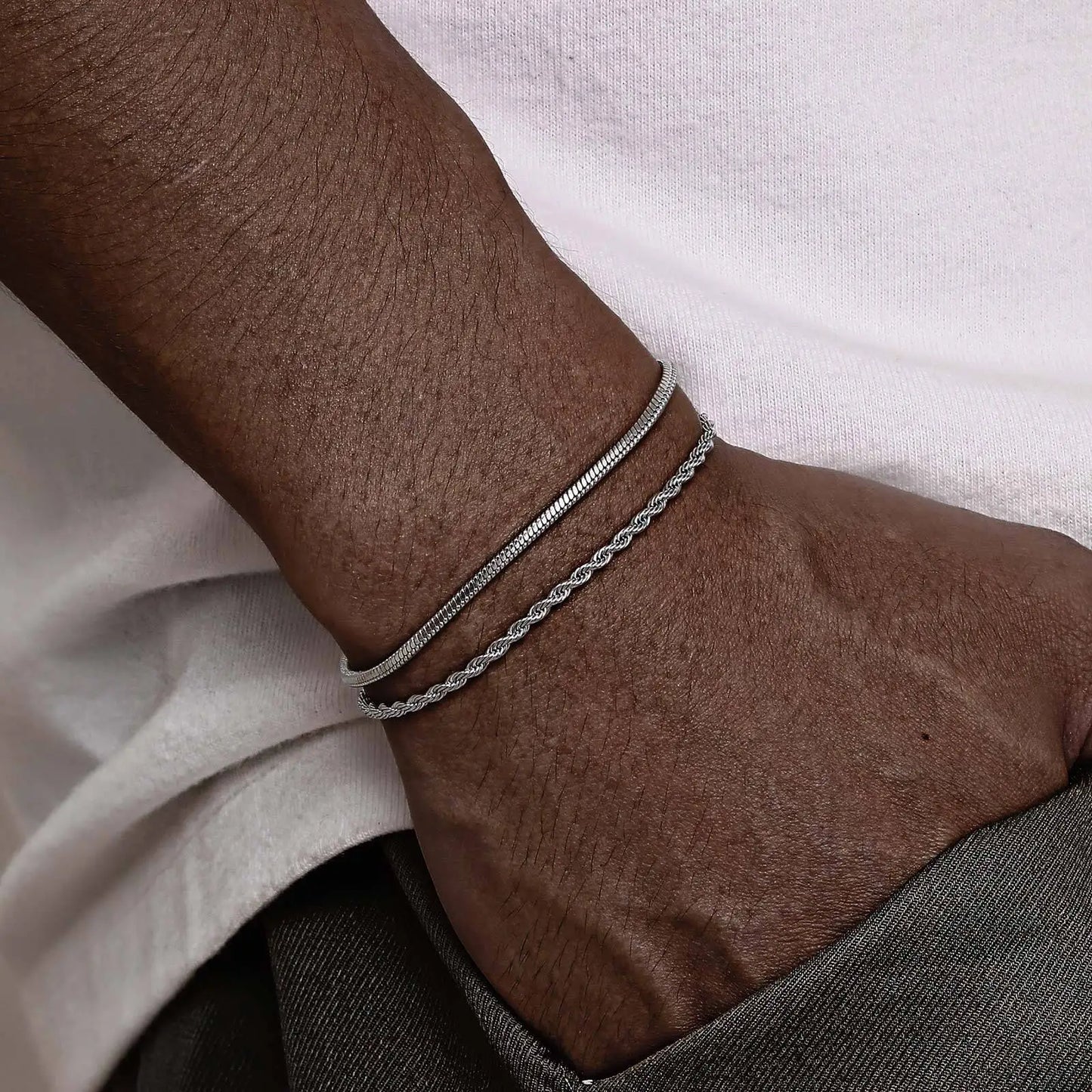 Vnox 2pcs/ Set Mens Chain Bracelets, 16cm-21cm Adjustable Twisted Rope Chain Bracelet, 21cm-24cm Steel Snake Links Bracelet