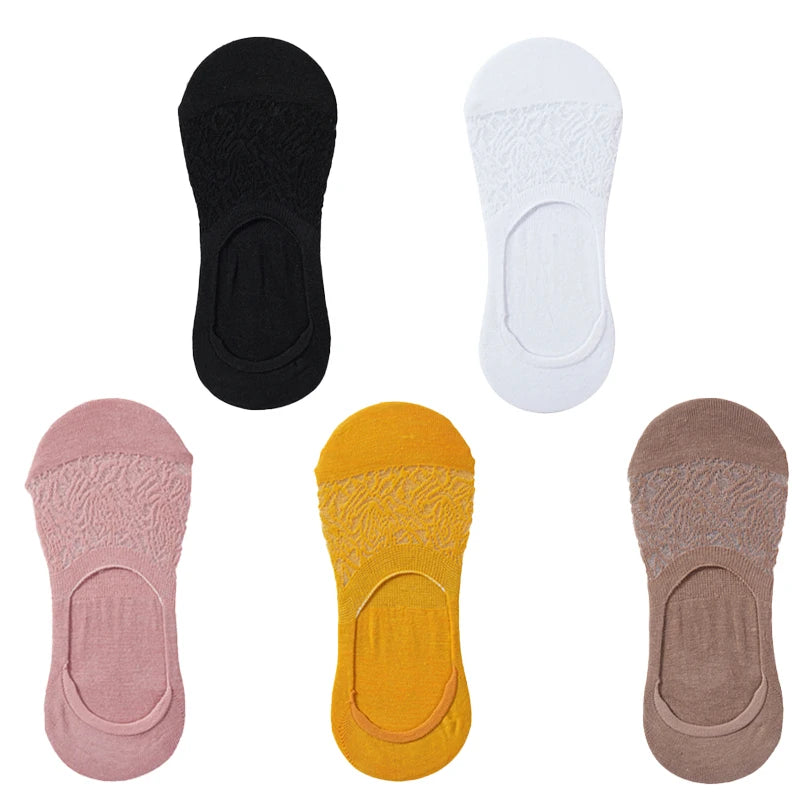 5 Pairs Women Cotton Low Cut Socks Solid Snowflake Softable Summer Silicone Non-slip Deep Mouth Prevent Heel Loss Slipper Socks