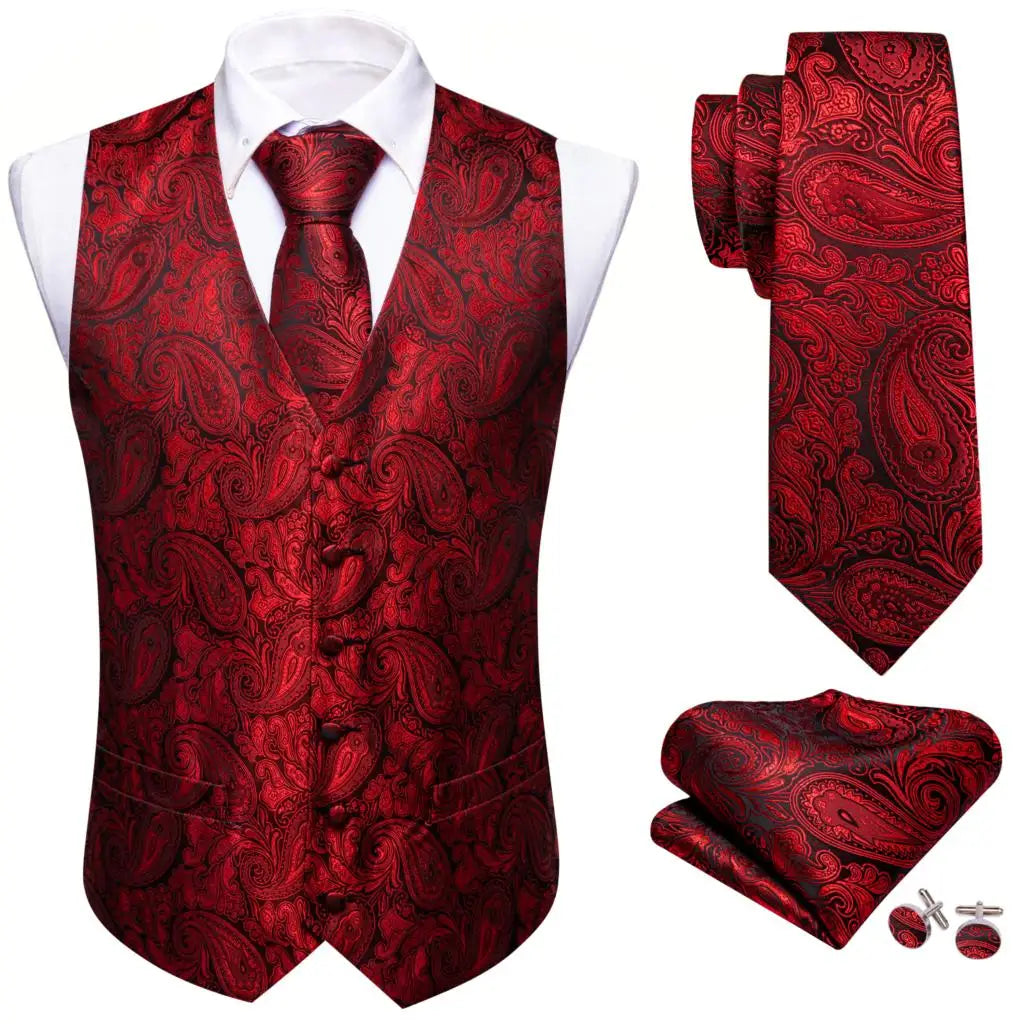 Elegant Silk Vest for Men Red Black Leaves Slim Fit Waistcoat Tie Hanky Cufflinks Set Wedding Business Formal Party Barry Wang