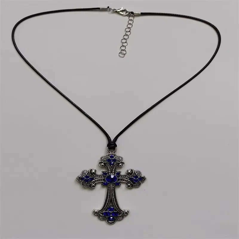 Large Detailed Rhinestone Cross Choker Spiral Hippie Necklace Goth Punk Women Fashion Statement Crucifix Charm Jewelry Gift