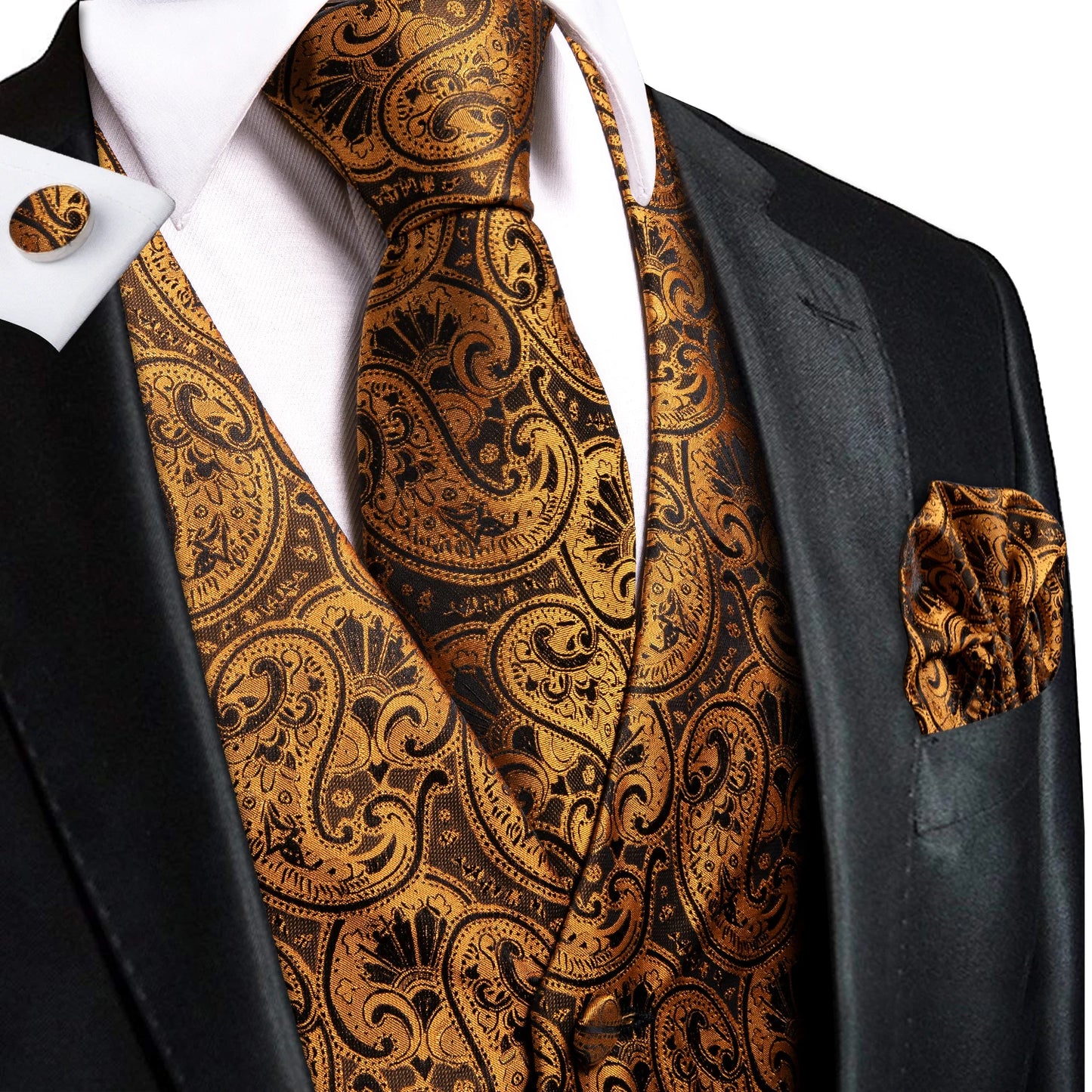 Hi-Tie Silk Ivory Beige Champagne Gold Mens Vests Tie Hankerchief Cufflinks Set Jacquard Vine Waistcoat for Men Suit Dress