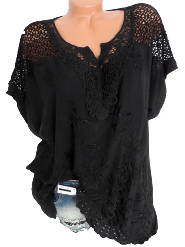 Loose Short-Sleeved Lace Women Blouses
