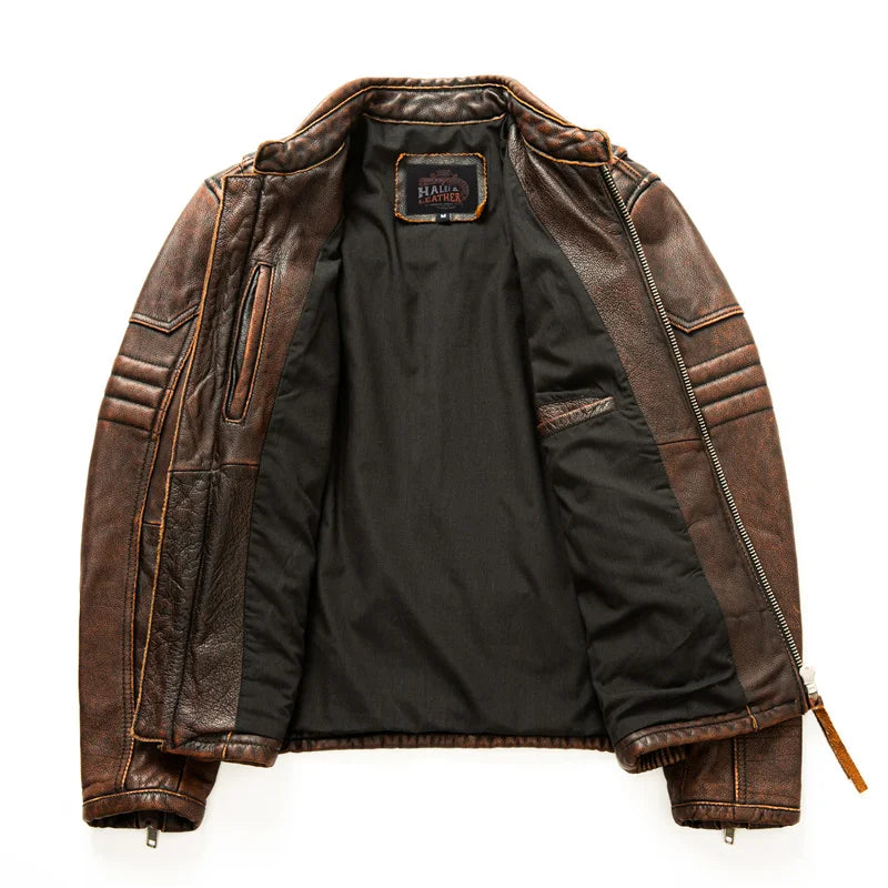 Men's Natural Leather Jacket First Layer Calfskin Stand Collar Motorcycle Jacket Retro Brown Cowhide Jacket Men‘s Biker Clothes