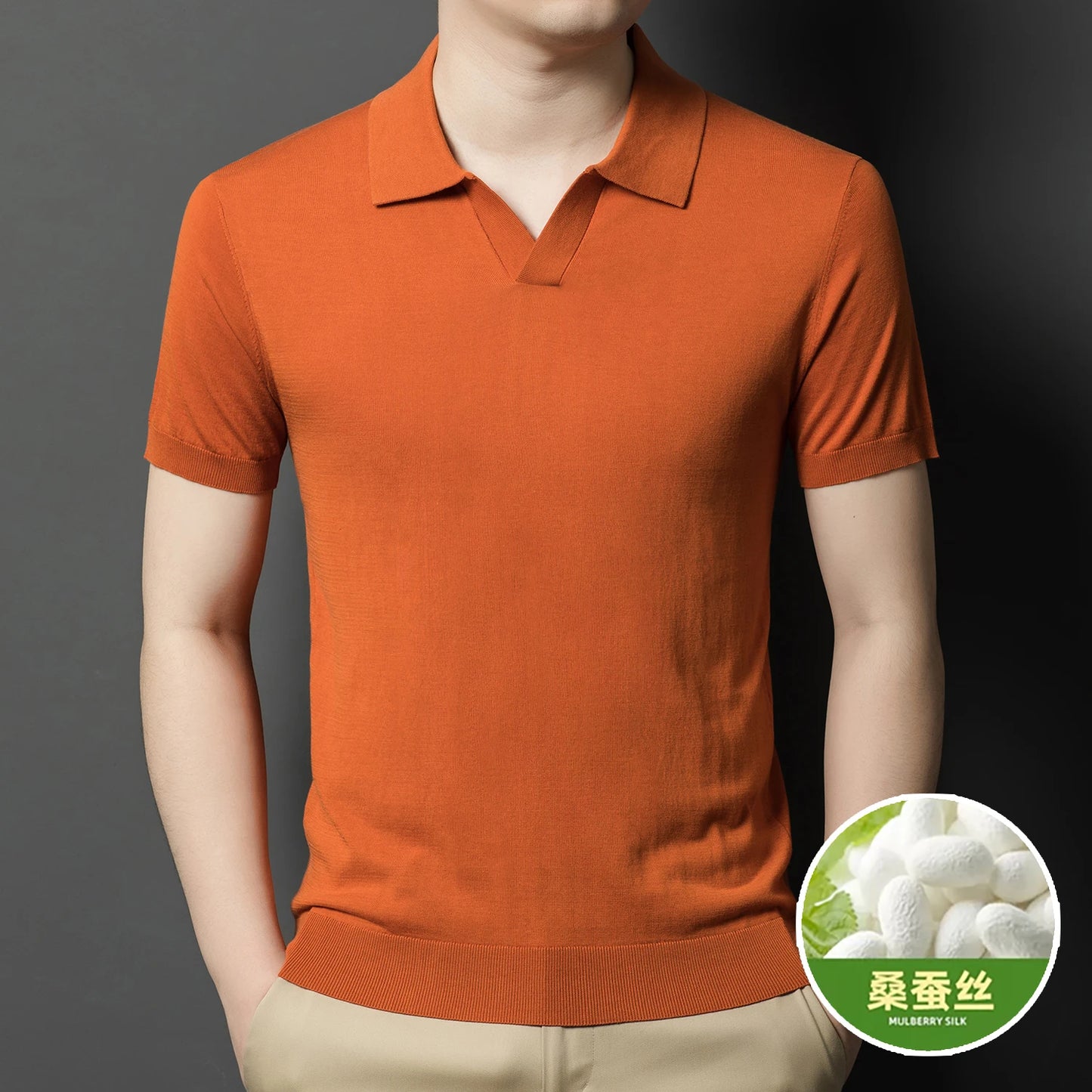 Men's Mulberry Silk Knit Polos 2024 Summer Classic Turn Down Color Lyocell Cotton Knitwear Short Sleeve Thin Knit Tee Shirts