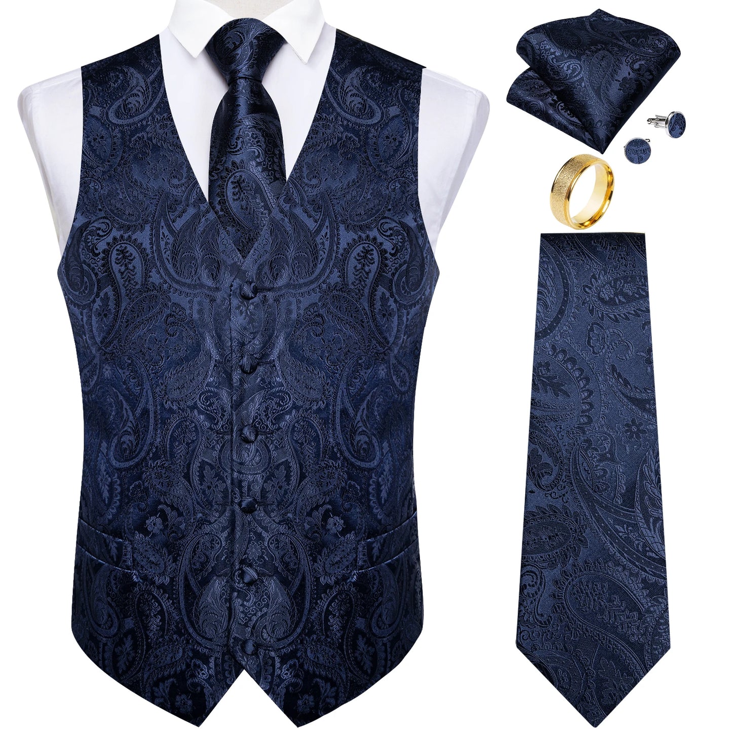 Fashion Green Paisley Vest for Man Business Festival Dress Fit Men's Waistcoat Luxury Silk Necktie Pocket Square Cufflinks Ring